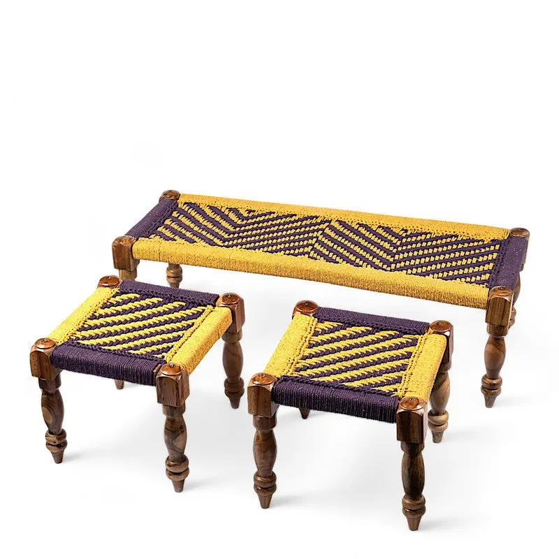 Calon Sheesham Wooden Bench with Stools (Yellow,Purple) - Three Piece Set media 3