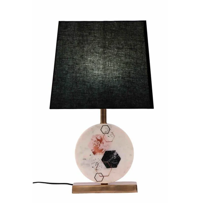 Hexa Marble & Brass Base Fabric Table Lamp - Black,White media 4