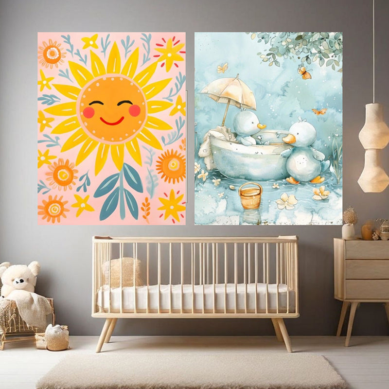 Sunny Ducklings Wall Painting - Set Of Two