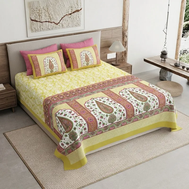 Ethnic Glow Cotton Bedsheet (Yellow,Maroon) - 120 TC media 1