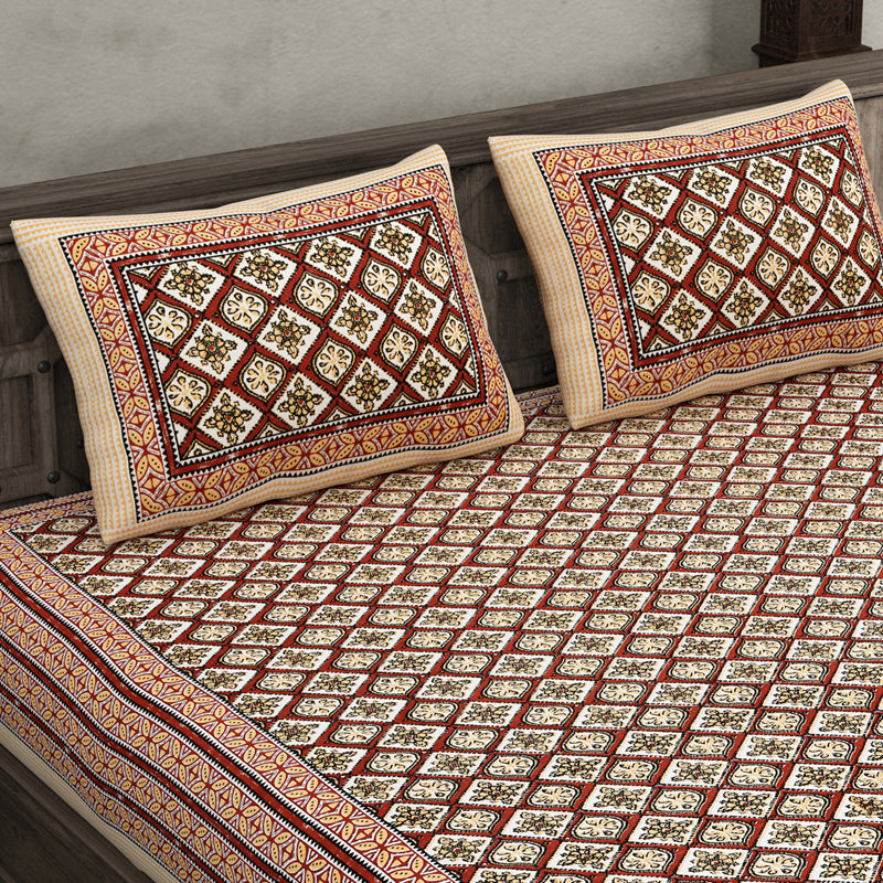 Mukta Ethnic Printed Cotton Bedsheet (Brown) - 144 TC media 3