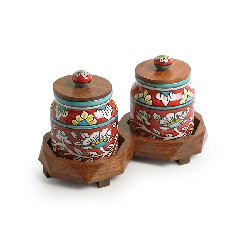 Rang-E-Gul Handpainted Ceramic Multi-Utility Jar With Tray (440 mL Each) - Four Piece Set media 3