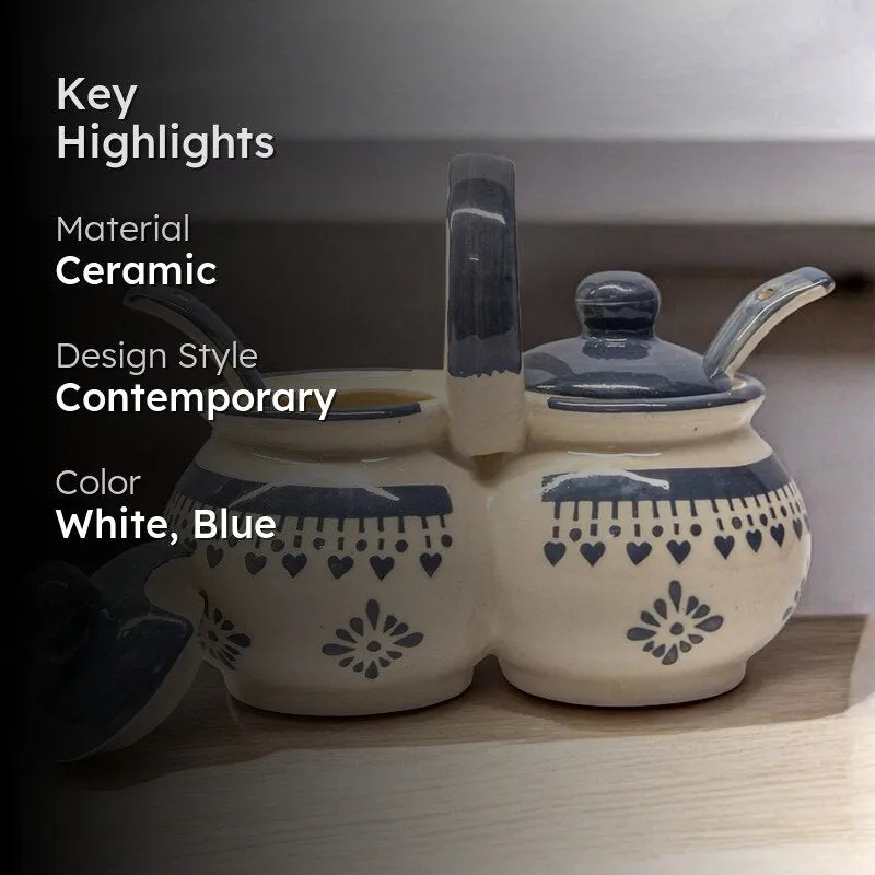 Blue and white ceramic condiment jar shown with dimensions and key highlights.
