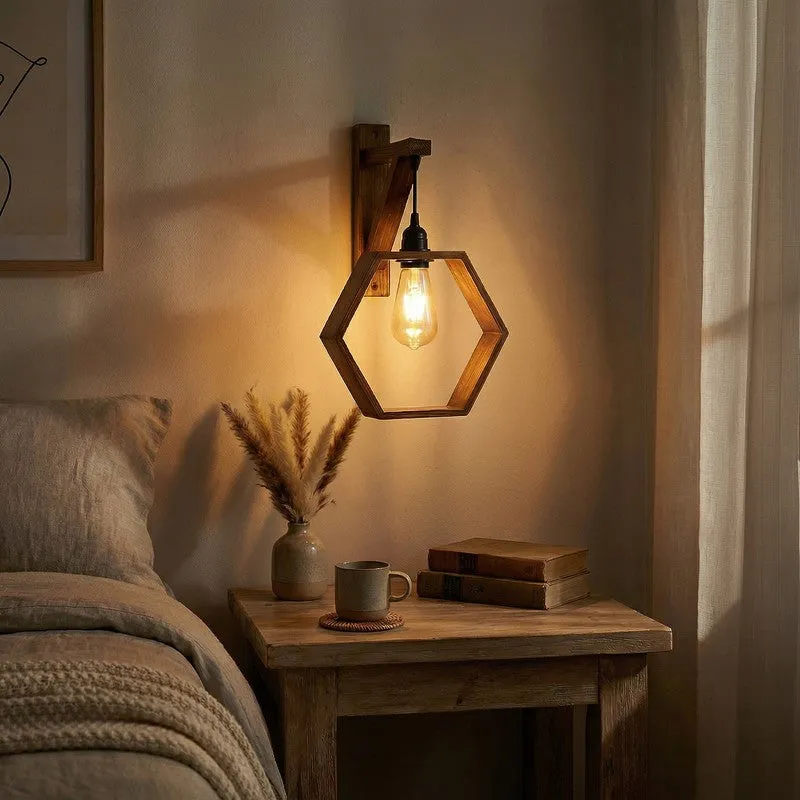 HexaGlow Wooden Wall Lamp - Brown media 1