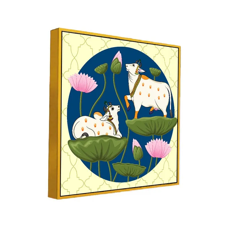 Lotus & Cows Canvas Wall Painting With Frame - Gold media 3