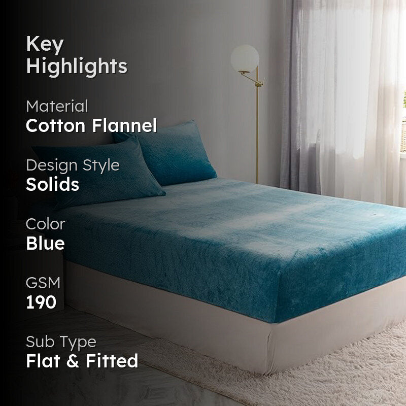 Sarva Solid Cotton Flannel Bedsheet (Blue) - 190 GSM media 2