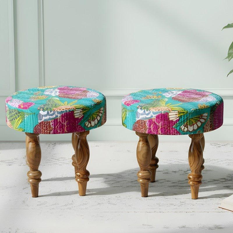 Qirox Sheesham Wooden Stools (Multicolor) - Set Of Two