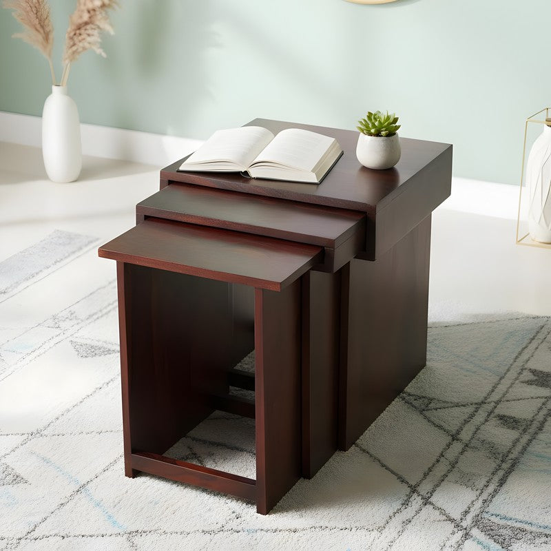 Tverox Sheesham Wooden Side & Bedside Table (Dark Brown) - Set Of Three