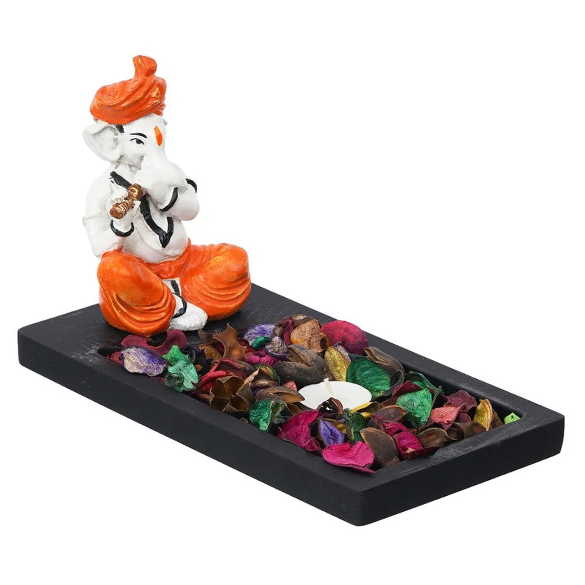 Ganesha tea light holder with black rectangular tray and colourful dried petals