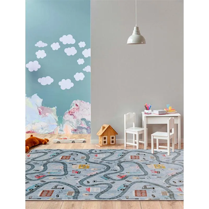 Blue roadway-pattern carpet placed in a children's room with table and chairs
