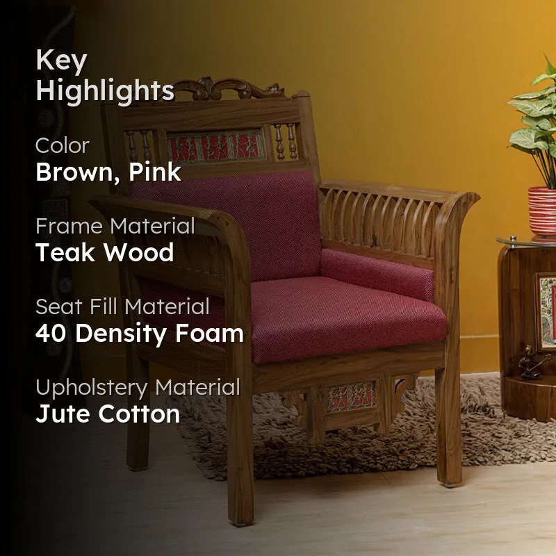 Maharaja Teak Wood Accent Chair - Maroon media 2