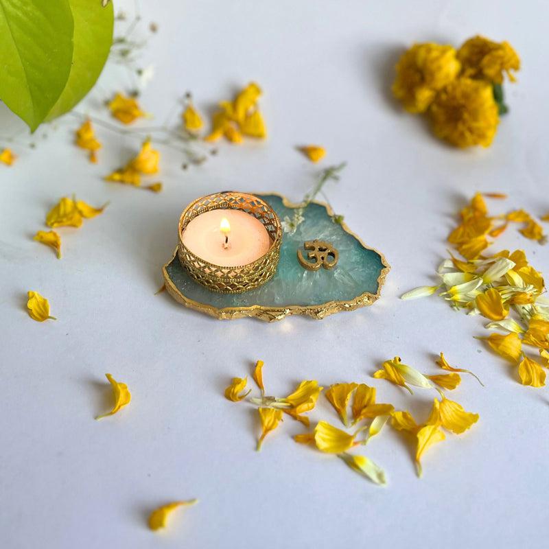 Om Handcrafted Agate Tealight Candle Holder - Green