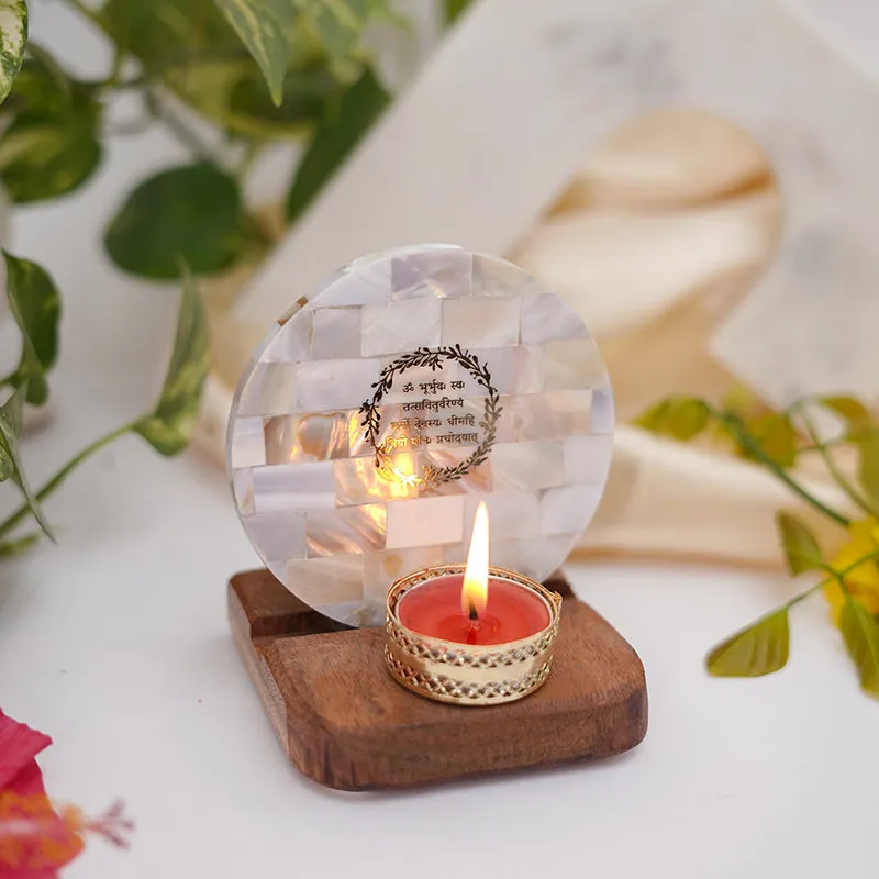 Nacre Gayatri Mantra Mother Of Pearl Religious Tea Light Holder media 3