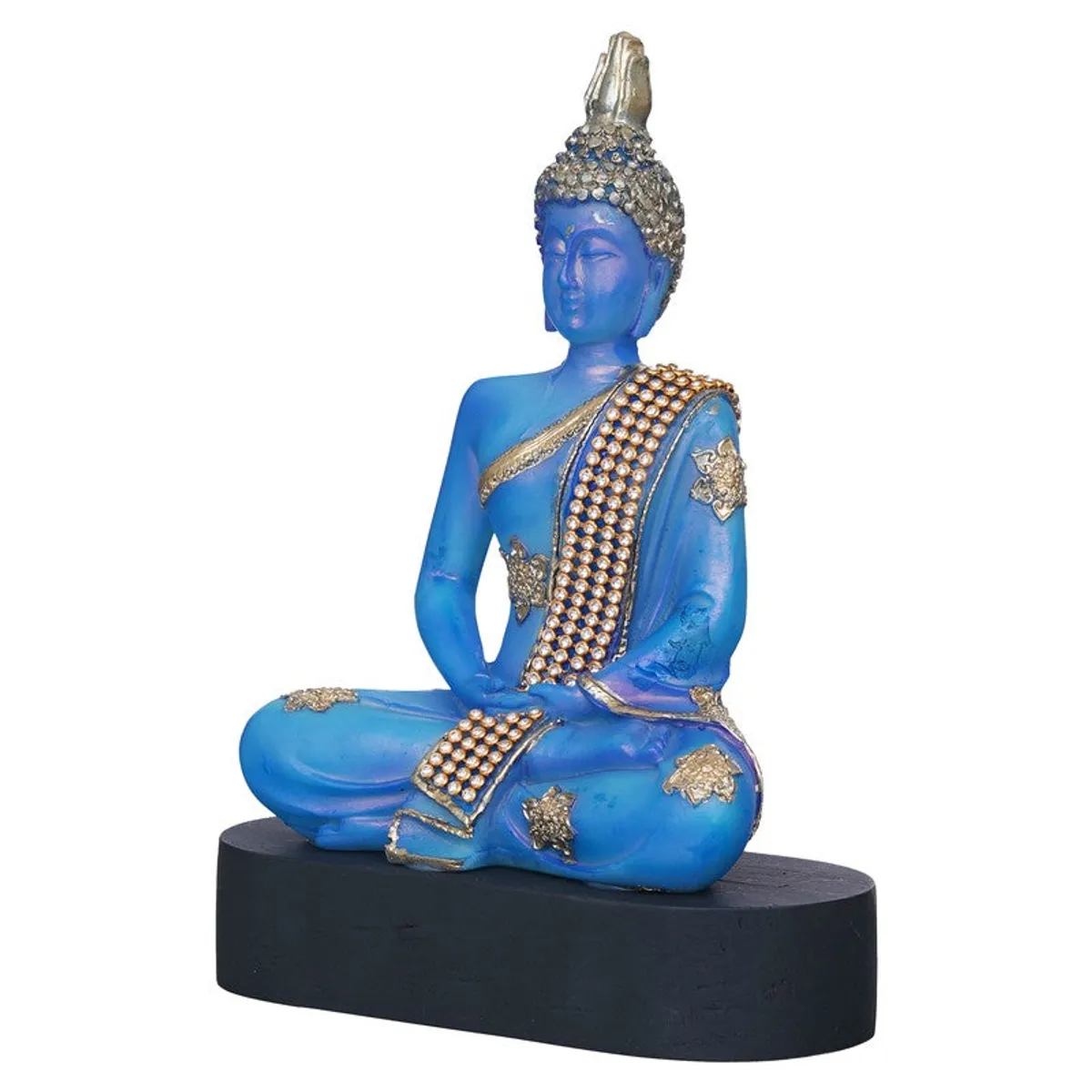 Side angled view of blue Buddha idol on a black base