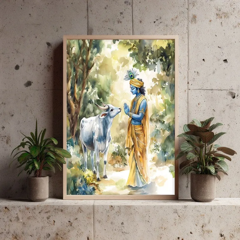 Shri Gopala Krishna Spiritual Archival Paper Wall Painting - Natural Brown Frame media 3