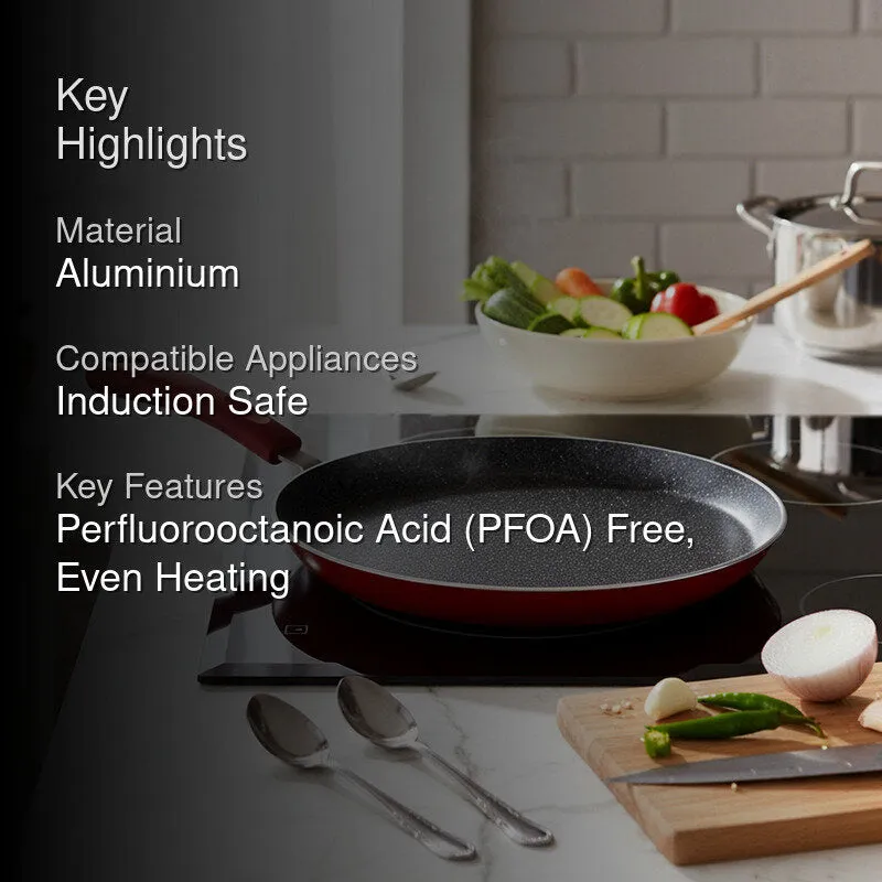 Red dosa tawa displayed with aluminium, induction-safe and PFOA-free highlights
