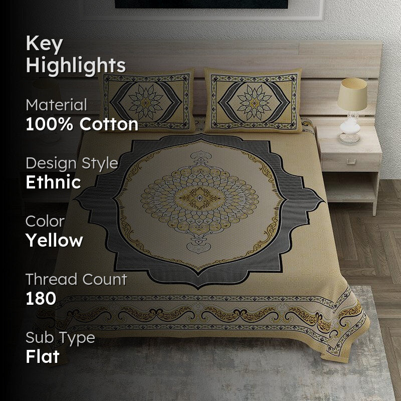 Kashish Comfort Ethnic Cotton Bedsheet (Yellow) - 150 TC media 2