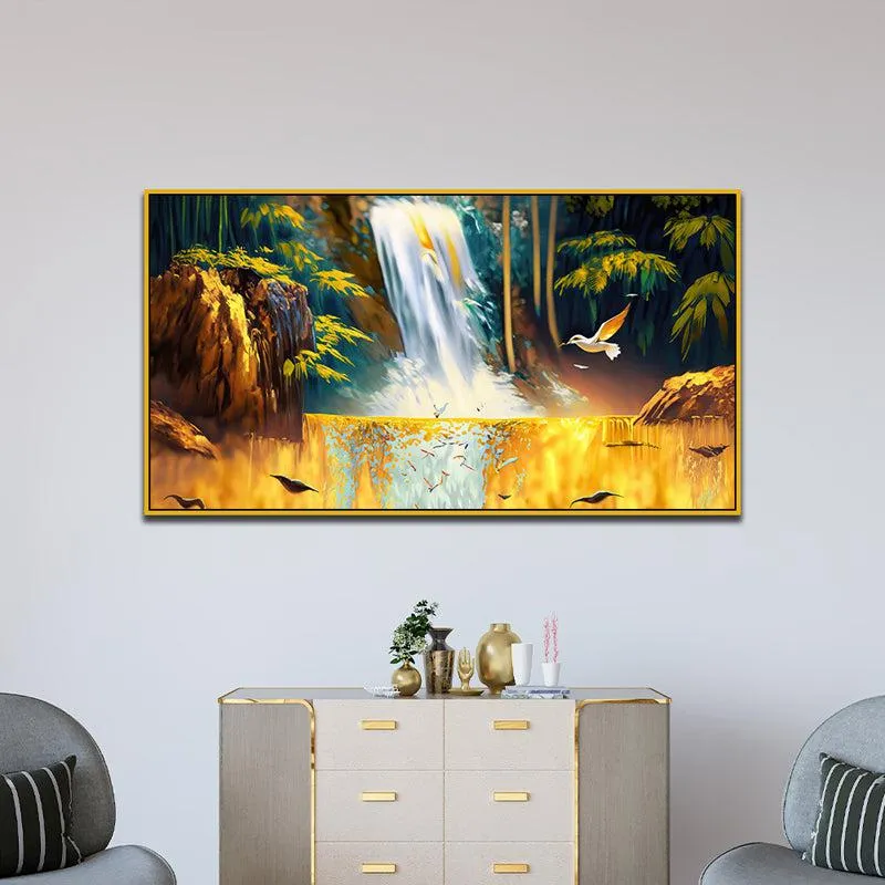 Celetial Golden Waterfalls Landscape Canvas Wall Painting With Frame - Gold media 5