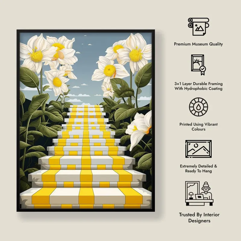 Stairway Of Flowers Canvas Wall Art - Black Frame media 8