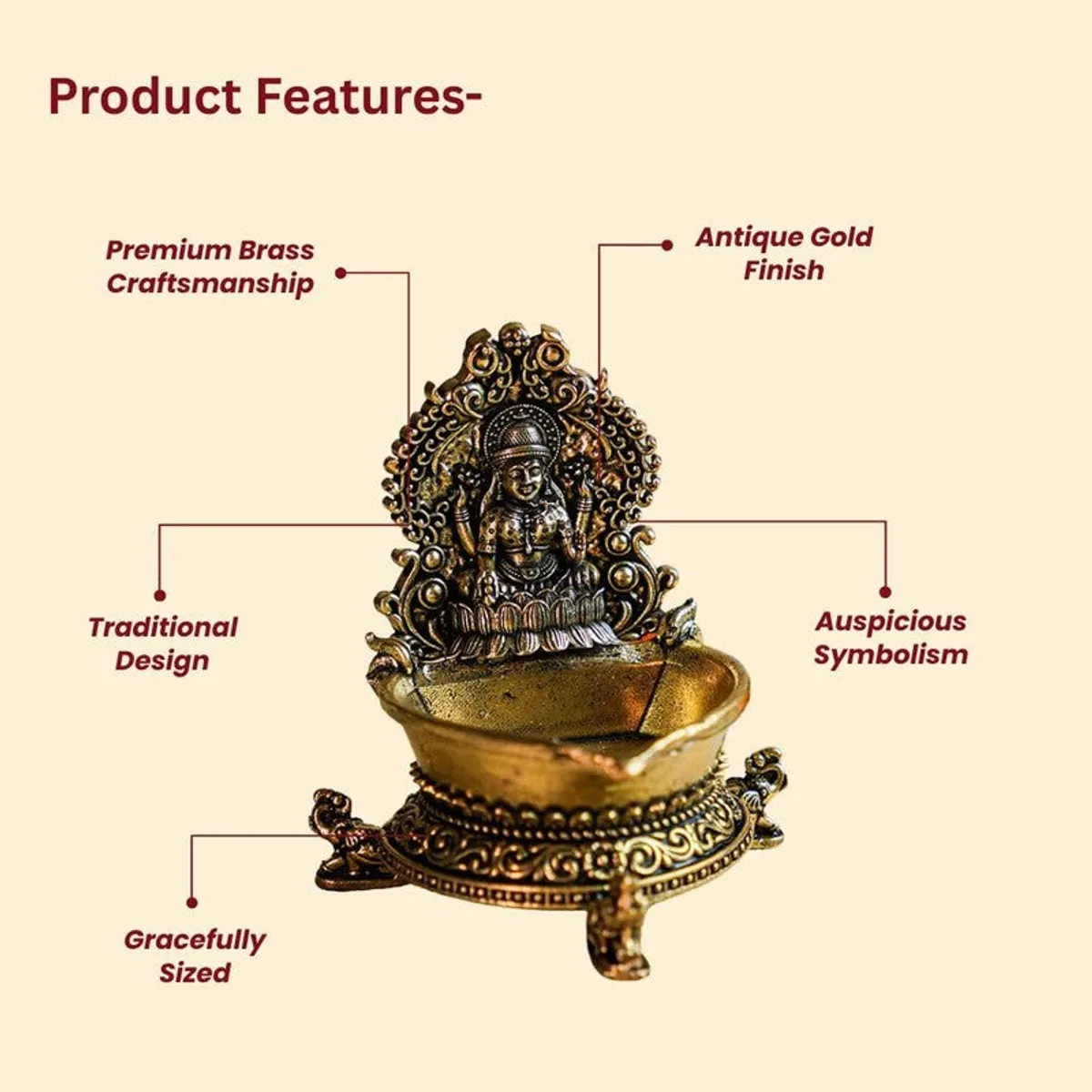 Close view of an ornate Lakshmi diya with a lotus throne backplate.