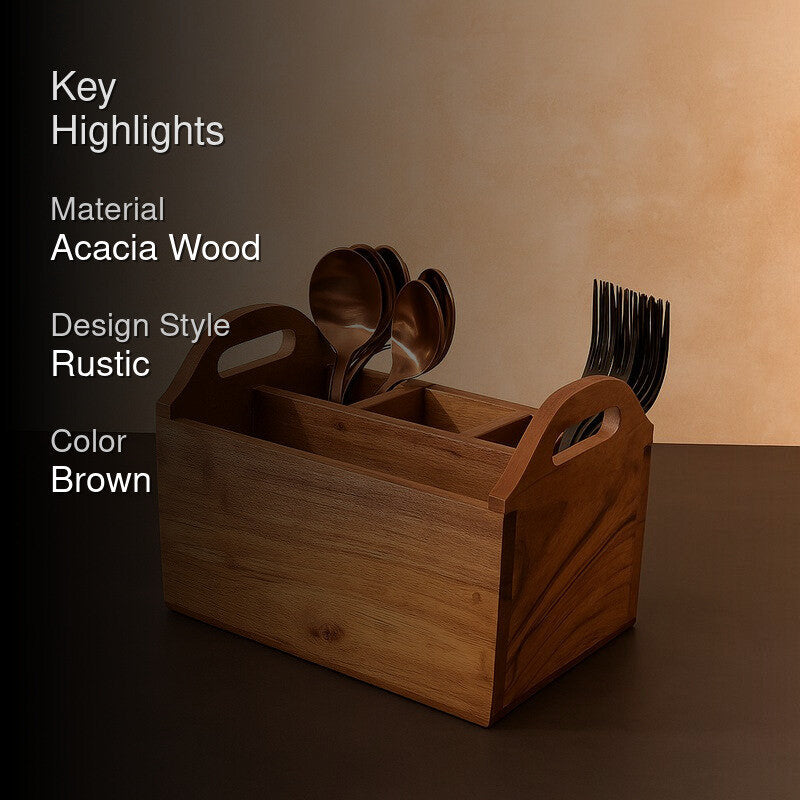 Handled Divider Acacia Wood Cutlery Stand media 2