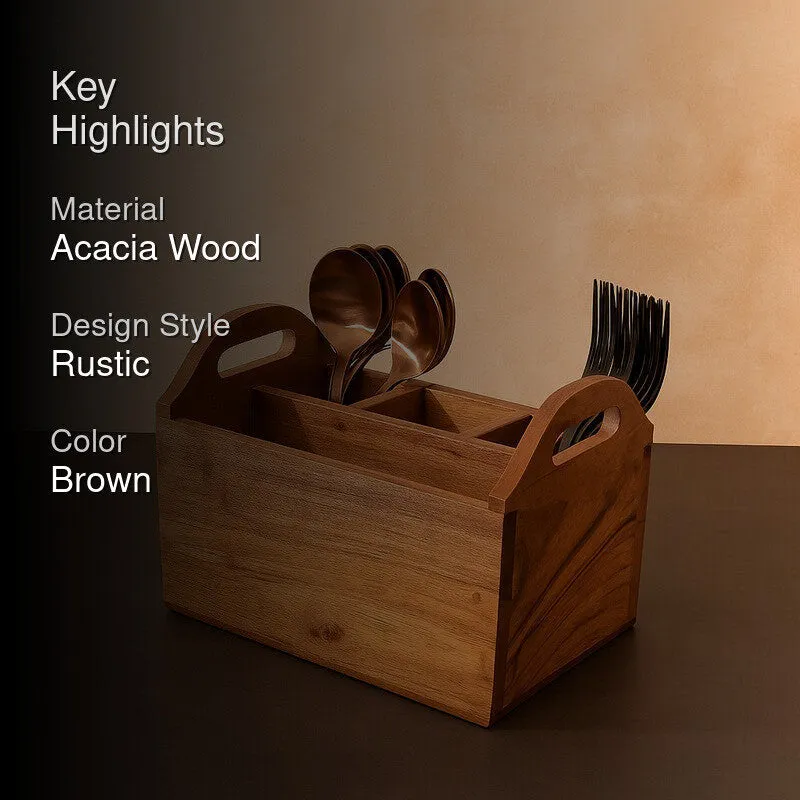 Handled Divider Acacia Wood Cutlery Stand media 2