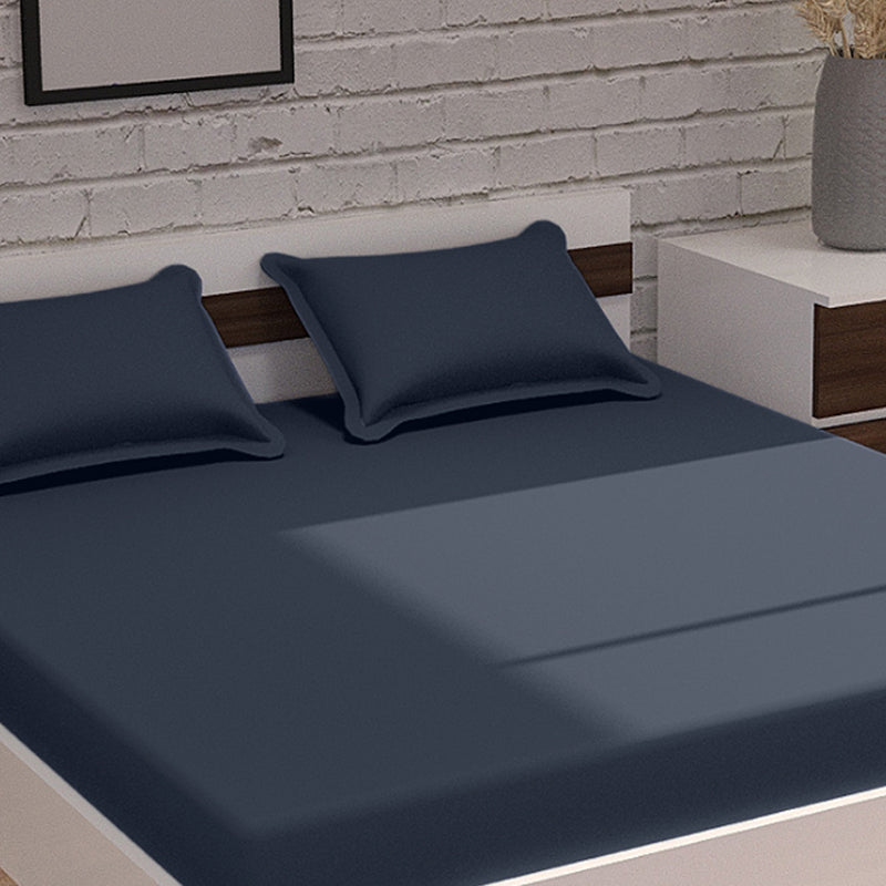 Plusherie Solid Cotton Bedsheet (Navy Blue ) - 600 TC media 4