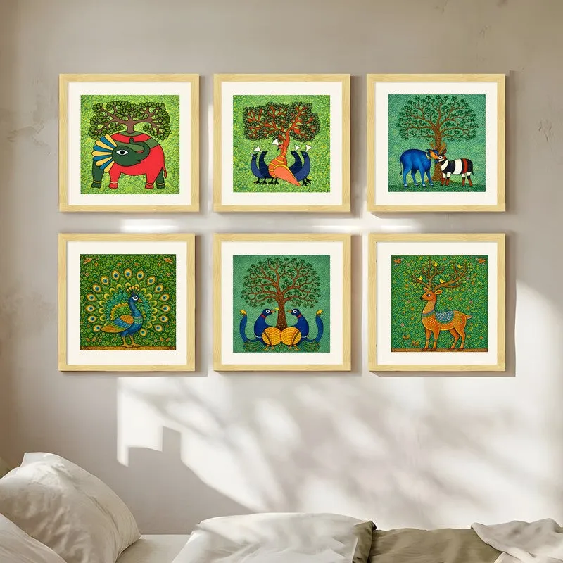 Forest Folk Paper Wall Painting With Frame - Set Of Six media 4