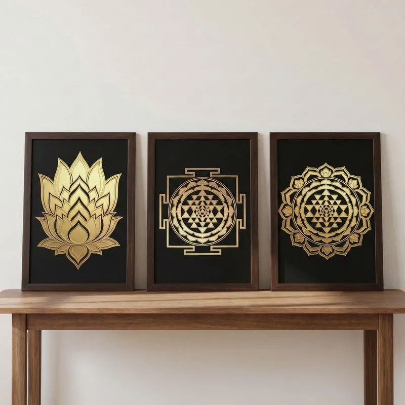 Sacred Geometry & Lotus Wall Painting With Frame - Set Of Three media 3