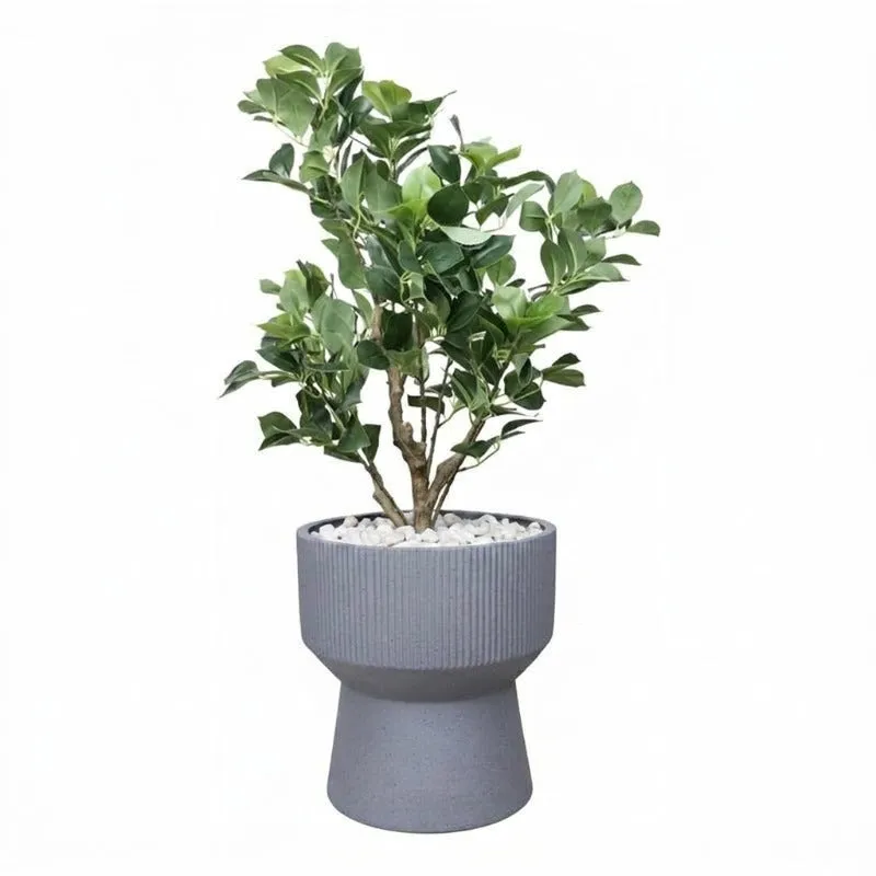 Grey ribbed planter holding a leafy plant against a white background