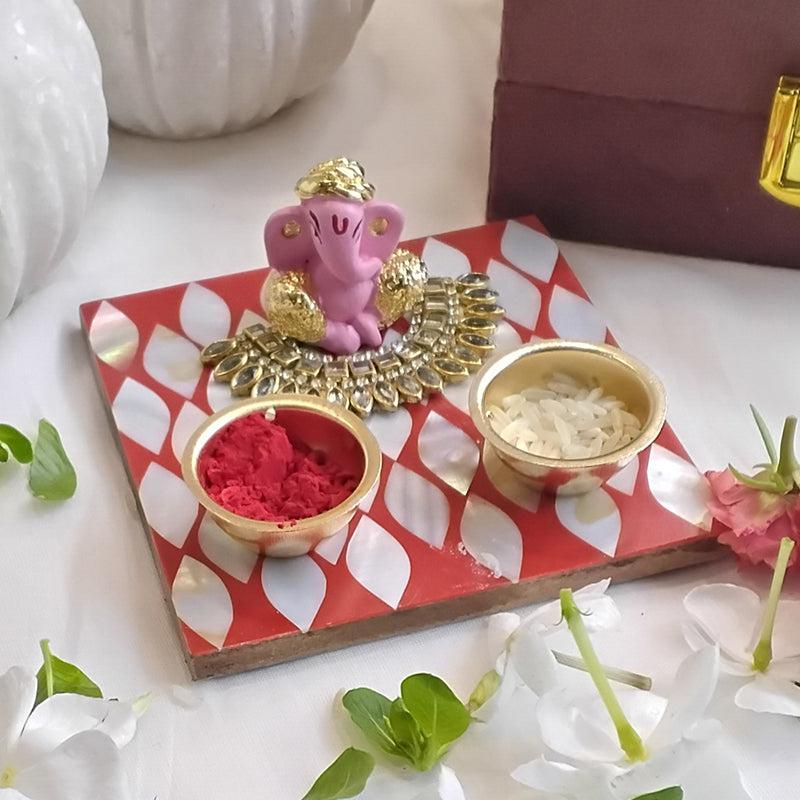 Ganpathi Festive Mother Of Pearl Pooja Thali Gift Box - Red media 3