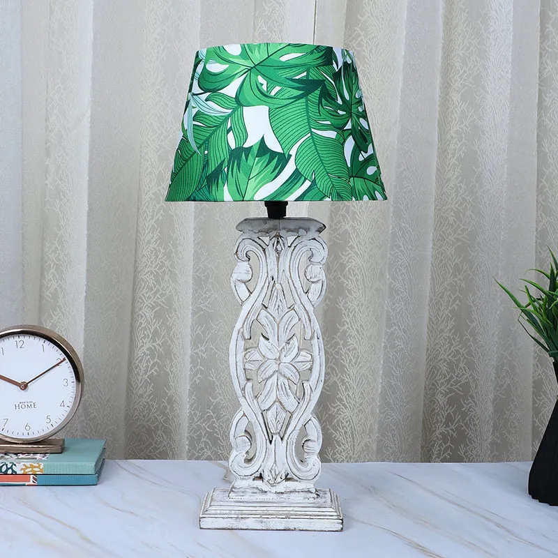 Kaizen Sigil Printed Mango Wood Table Lamp - White,Green media 2