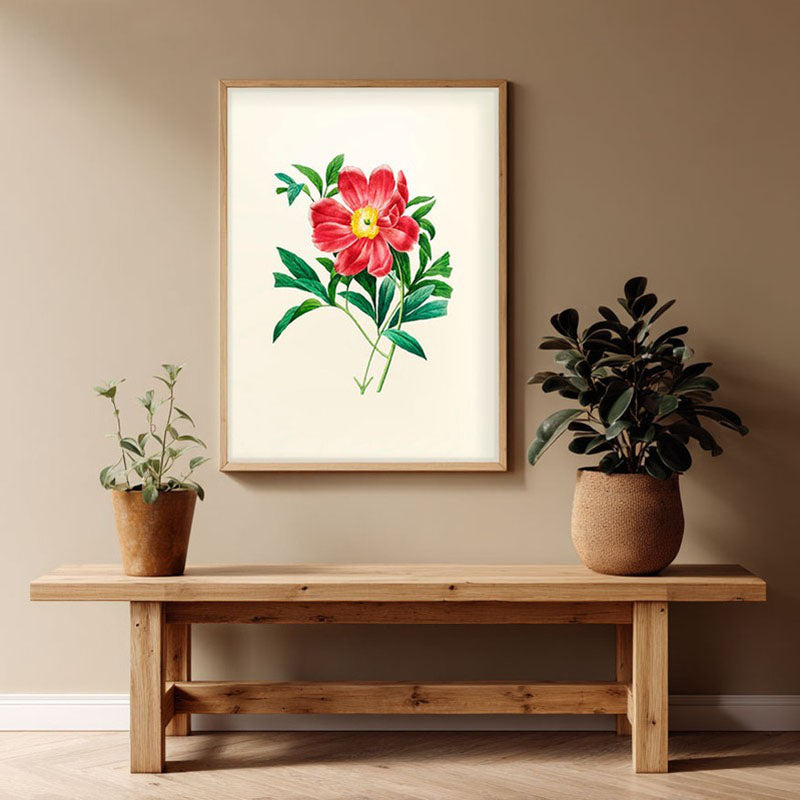 Fiery Bloom Archival Paper Wall Art - Natural Brown Frame