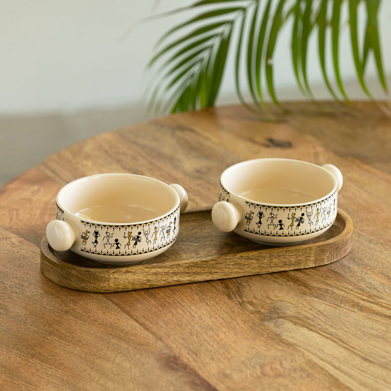 Warli Whirls Handcrafted Ceramic Bowl with Tray (400 ML) - Three Piece Set