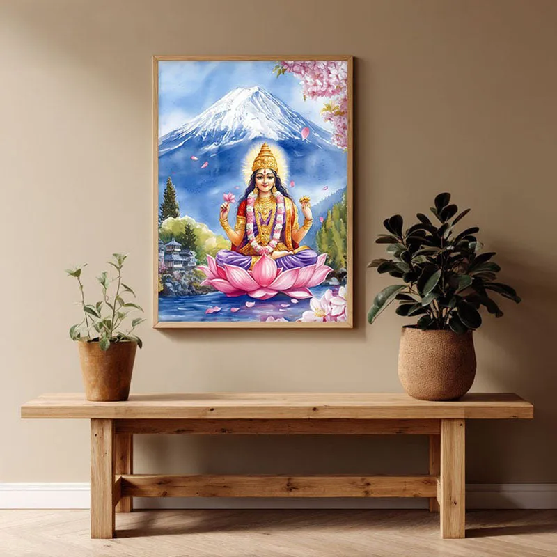Bhagyalaxmi Spiritual Archival Paper Wall Painting - Natural Brown Frame media 1