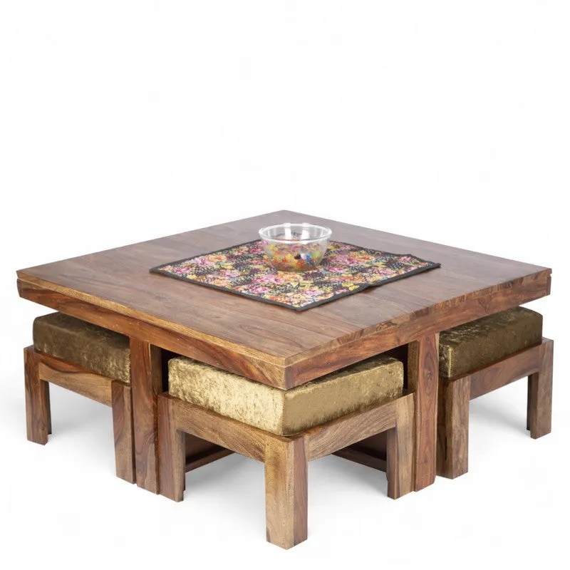 Evrino Sheesham Wooden Center Table with Stools and Cushions (Brown,Gold) - Nine Piece Set media 3