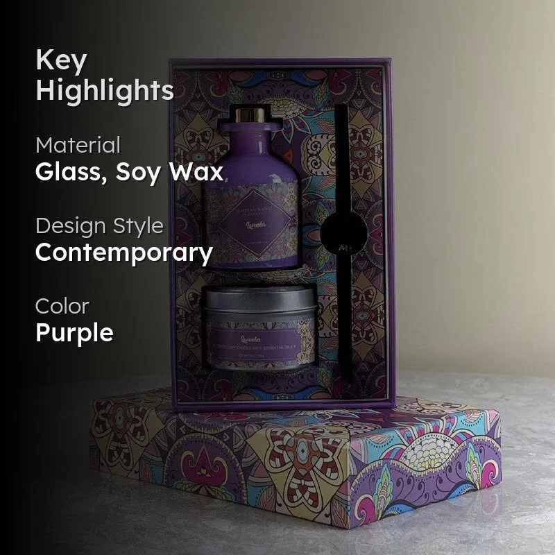 Purple diffuser set with colourful packaging and product highlights