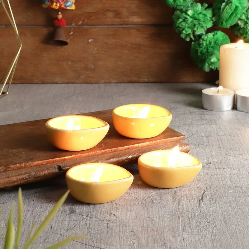 Earthen Festive Diya Set (Yellow) - Set Of Four media 3