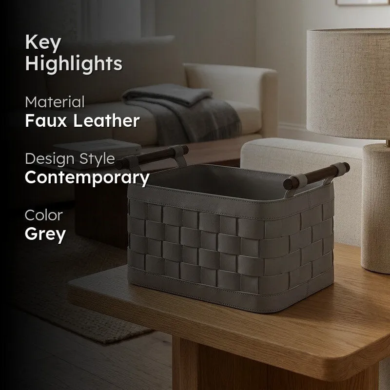 Elegra Faux Leather Storage Basket - Grey media 2