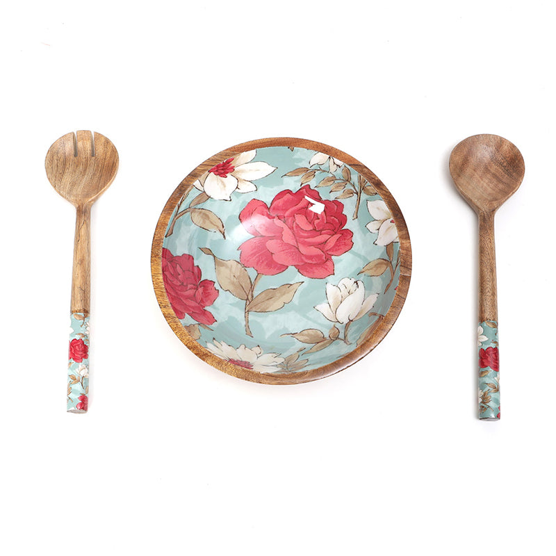 Fleur Aqua Enamel Coated Mango Wood Salad Bowl With Cutlery (900 mL) - Three Piece Set media 6