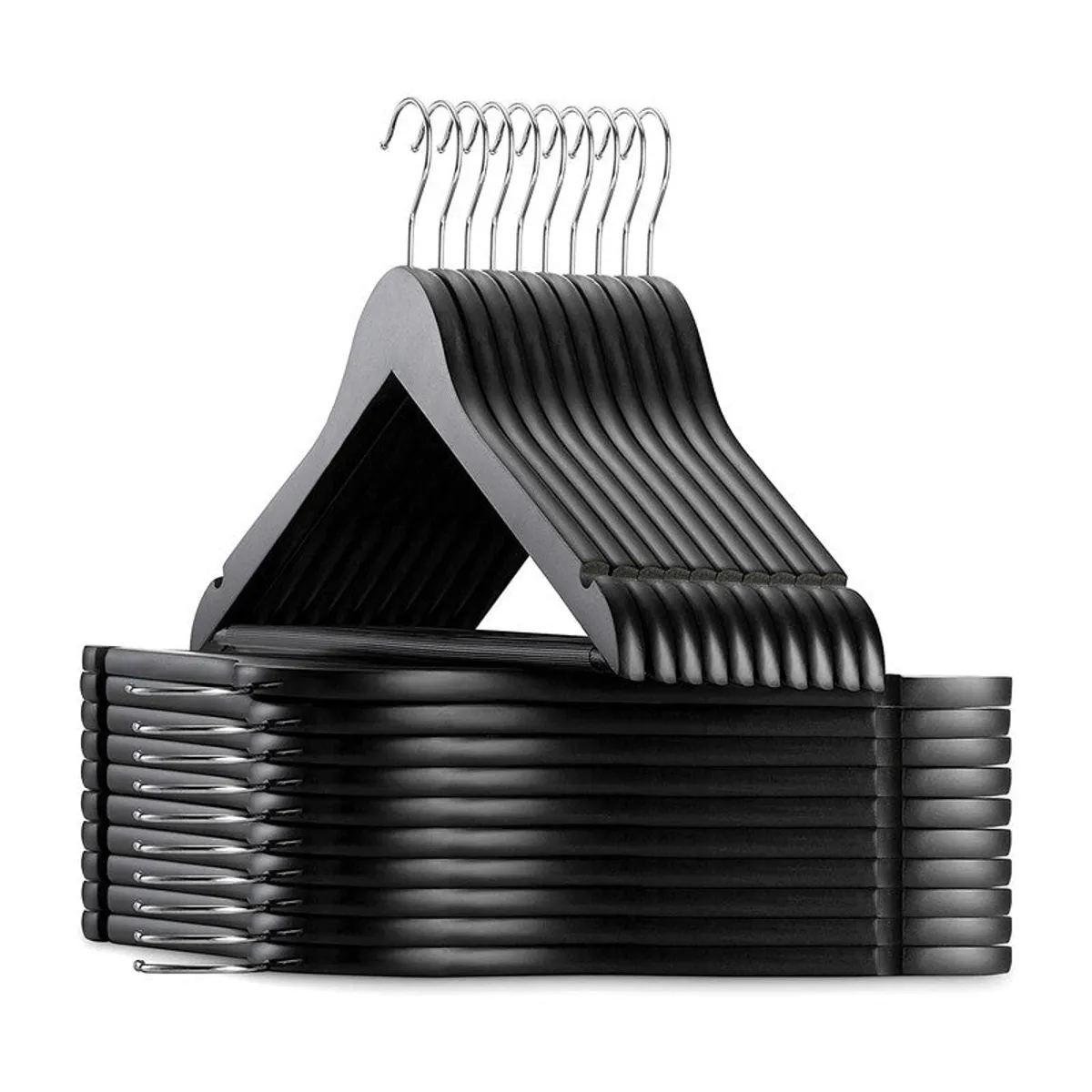 Stack of twelve black wooden hangers with chrome hooks