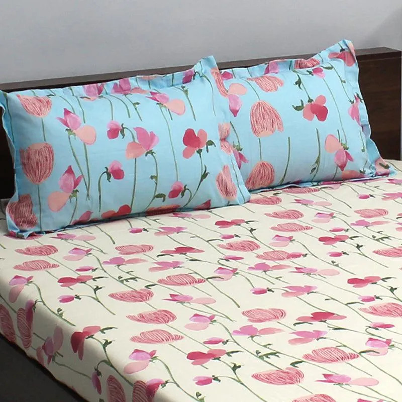 Prisha Floral Cotton Bedsheet (Blue,Pink) - 110 TC media 4