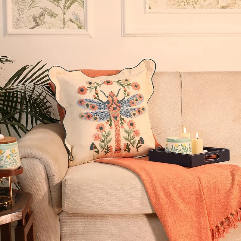 Dragonfly Drift Embroidered Cotton Cushion Cover media 1