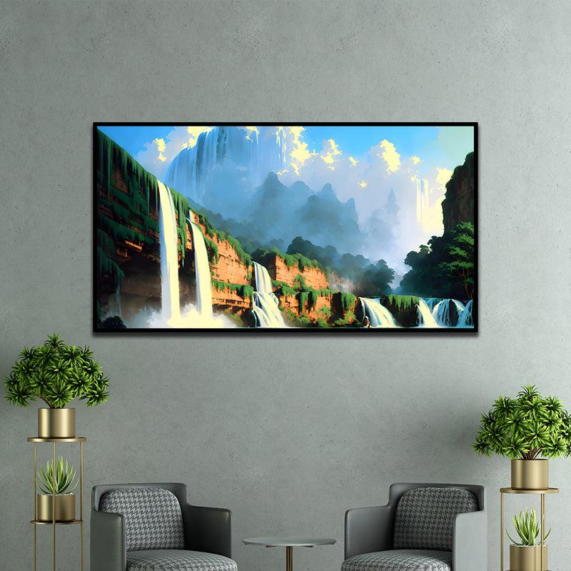 Waterfalls & Blue Skies Landscape Canvas Wall Painting With Frame - Black - Small