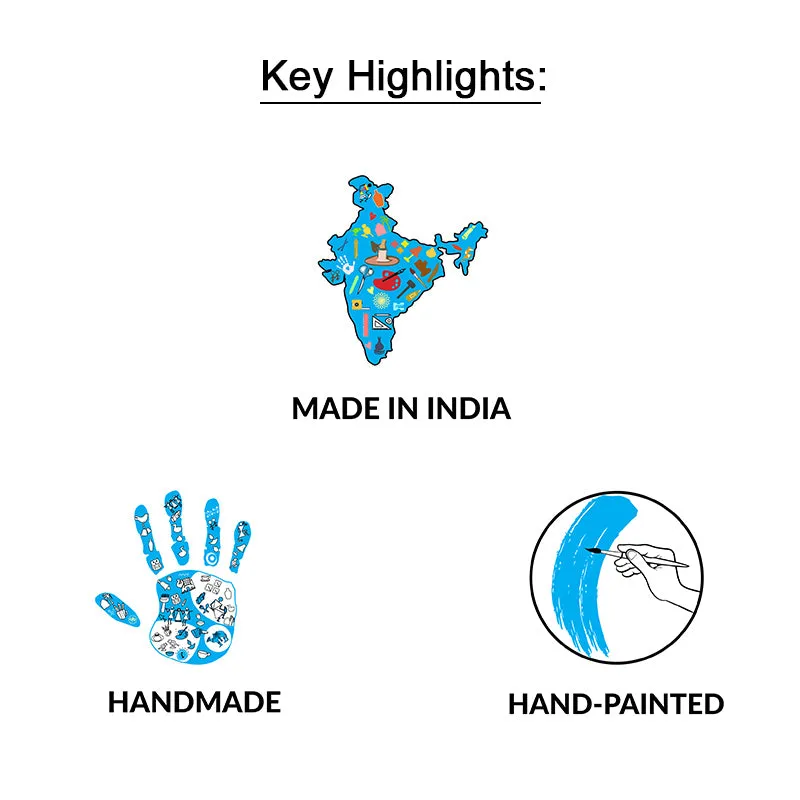 Decorative graphic showing made in India, handmade and painted icons