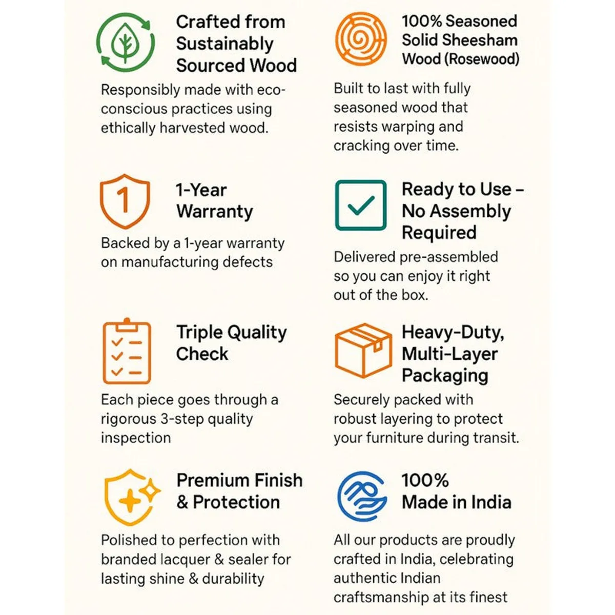 Product information graphic for Sheesham wood furniture features