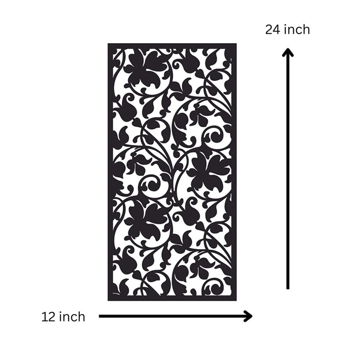 Black rectangular floral wall accent shown with 24-inch height and 12-inch width