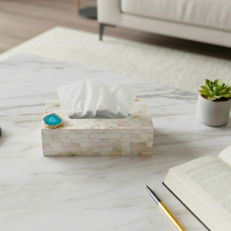 Suzzaine Handcrafted Mother Of Pearl & Agate Tissue Box - Turquoise & Beige media 2