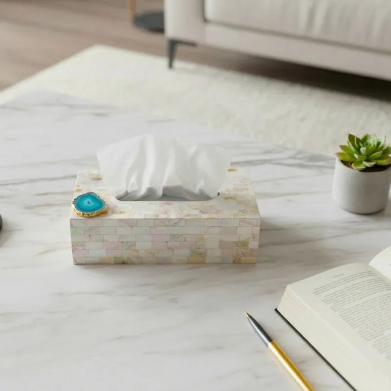 Suzzaine Handcrafted Mother Of Pearl & Agate Tissue Box - Turquoise & Beige media 2