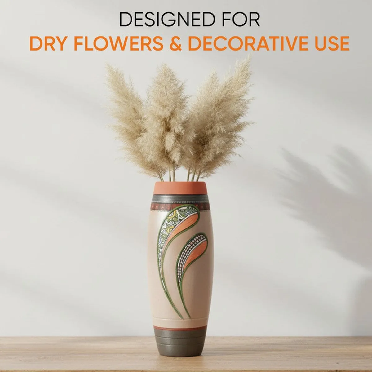 Handpainted terracotta vase styled with dried pampas stems